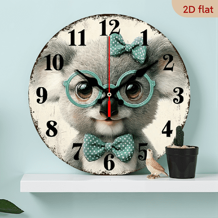 Silent Wall Clock Non-Ticking Wooden, Decorative Circular Clock Cute koala with glasses and bow tie Design for Dining Room, Hallway, Study Room, Home Office, Balcony 10inch
