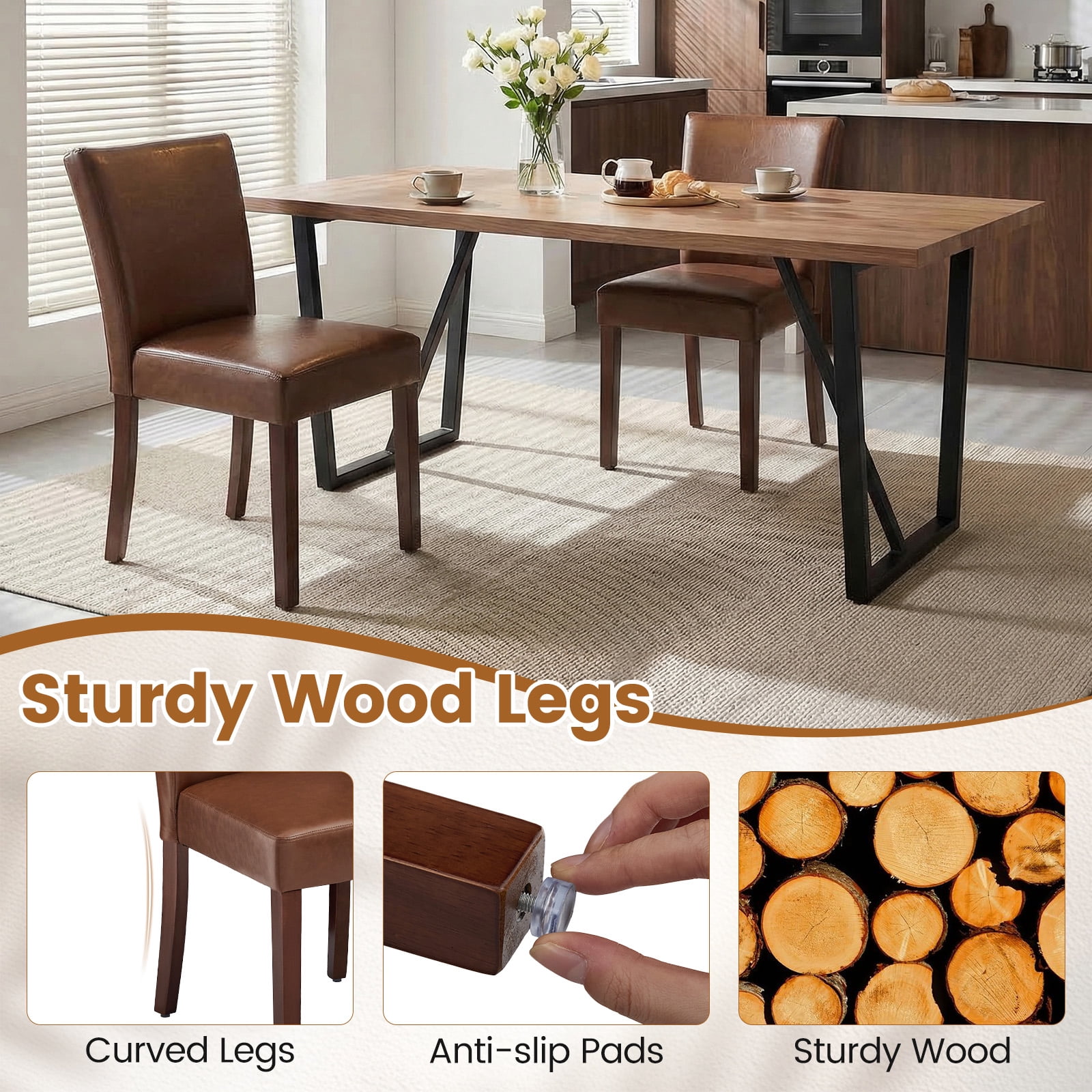 Firmoz Set of 2 Faux Leather Dining Chairs, Parson Modern Kitchen Chairs with Wood Legs, Brown