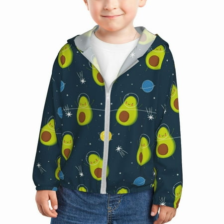 

Qekee Avocado in Space Print UPF 50+ Kids Sun-Protective Hooded Long Sleeve Rash Guard for Fishing Water Beach Sports -4 Years