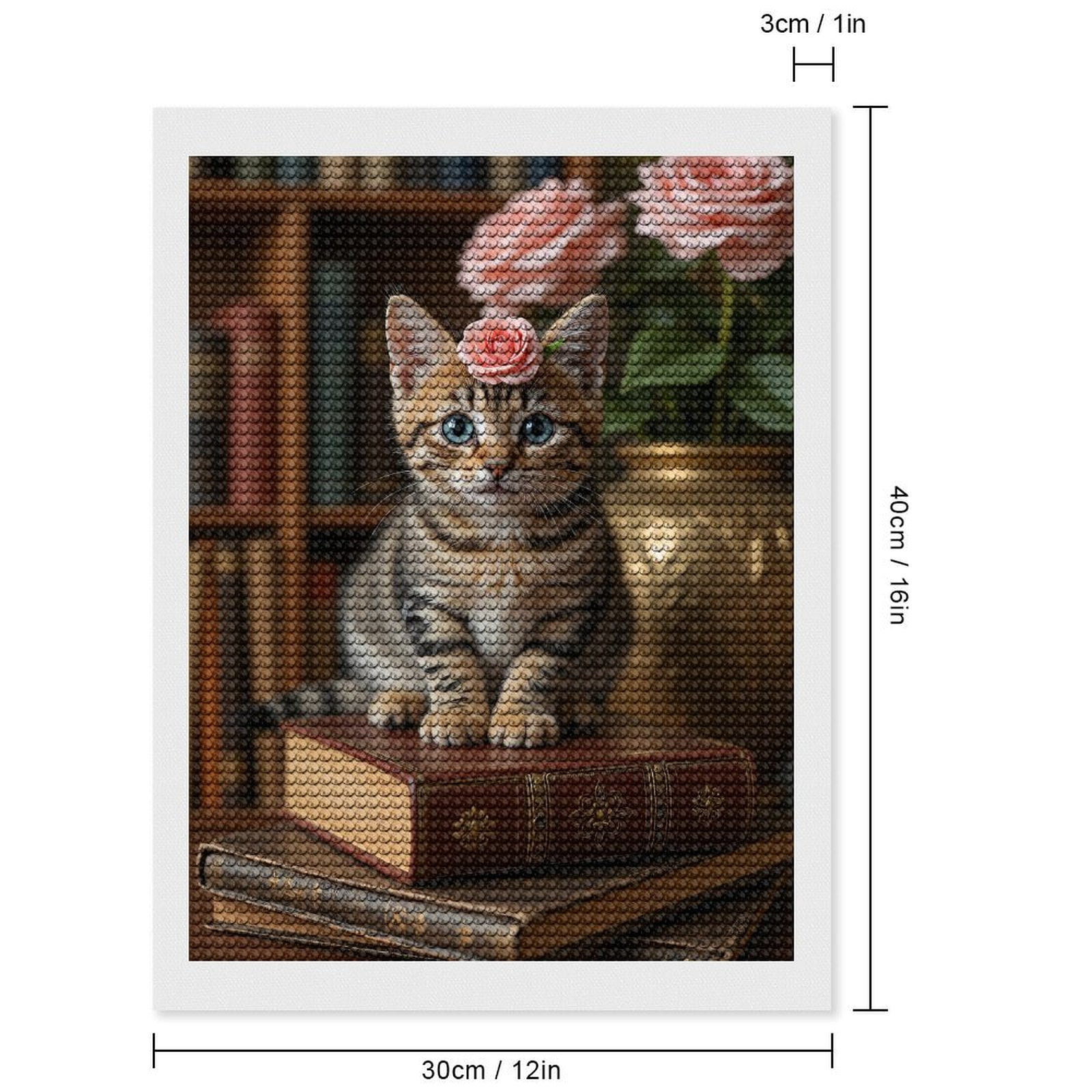 Diamond Art Kits for Adults, Cat With Pink Rose On Books 5D Diamond Painting Kits for Adults Beginners, DIY Full Drill Diamond Painting, Gem Art and Crafts 12x16