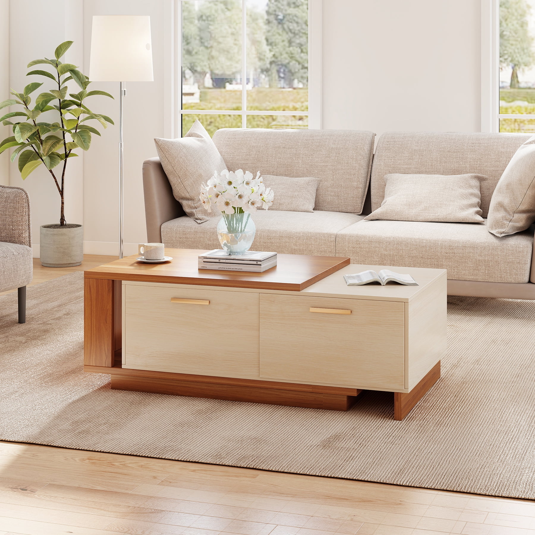Expandable Coffee Table with Storage, 42''-65'' Two-Tone Wood Coffee Table with 2 Drawers for Living room