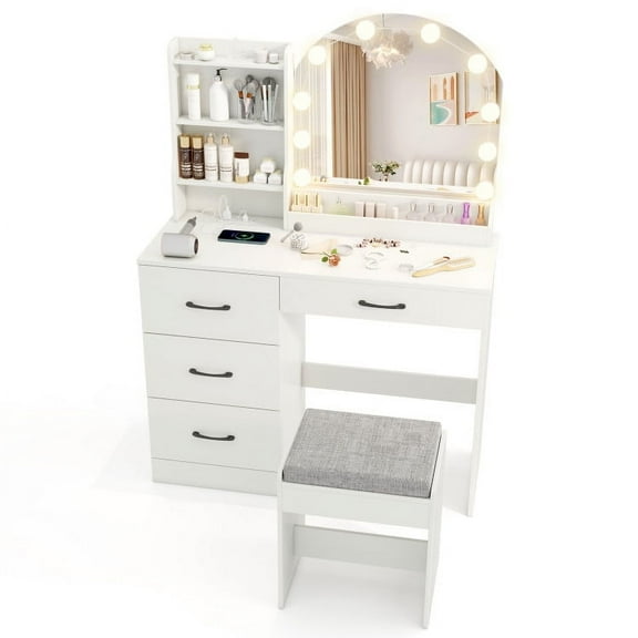 Makeup Vanity Desk Dressing Table and Stool Set with Mirror and Lights