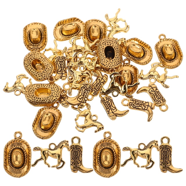 Juego de llavero y collar con temática de vaquero occidental, con botas de vaquero, sombreros y caballos, ideal para hacer joyas y regalos de fiesta.