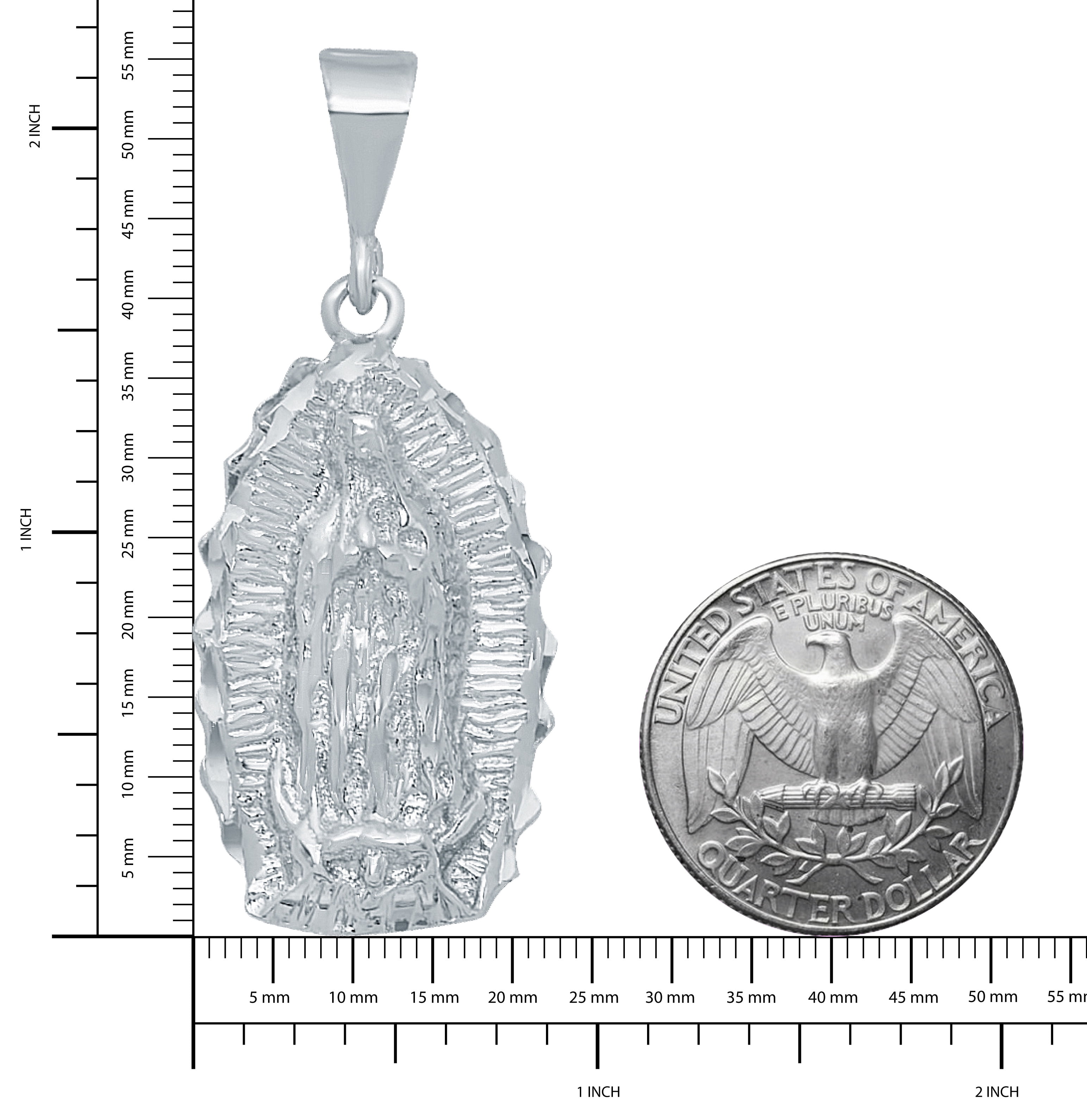 The Bling Factory Rhodium Plated 20mm x 38mm Virgin Mary Scalloped Edge Oval Pendant Microfiber Cloth
