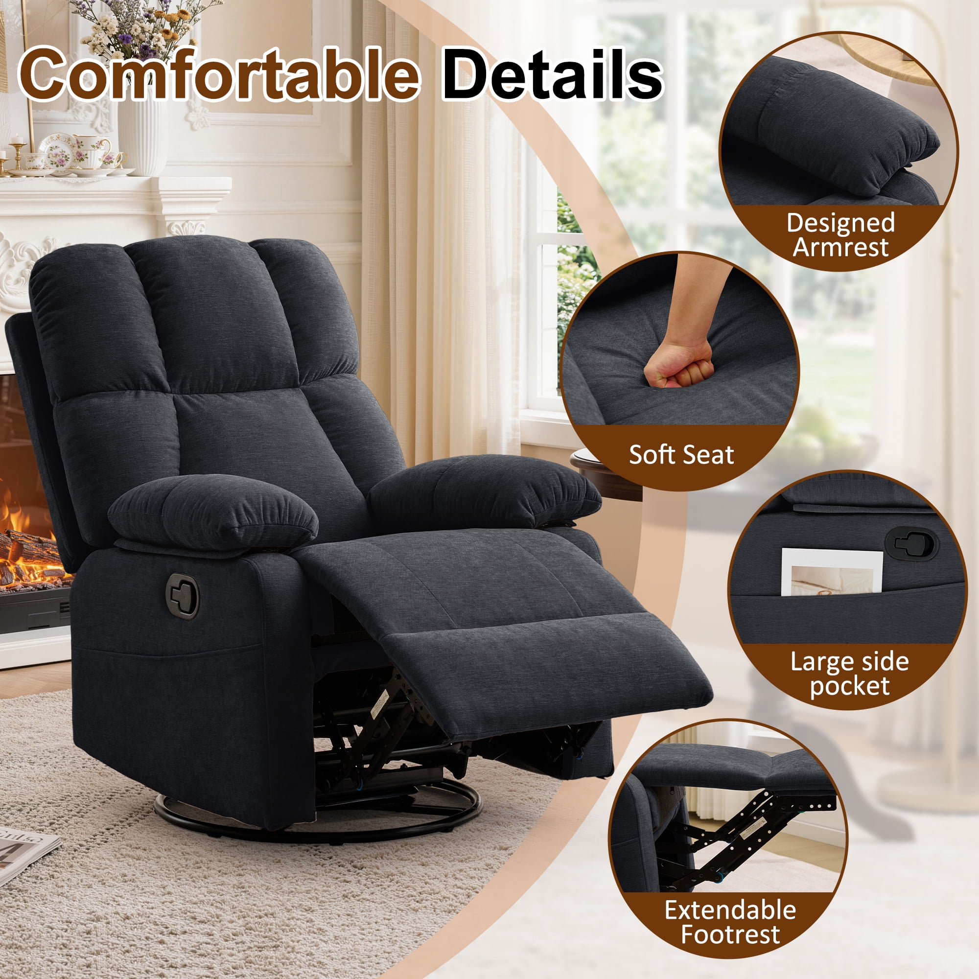 GEEYOO Swivel Rocker Recliner Chair for Adults,360°Swivel Nursery Recliner with Side Pockets,Small Recliner Chair for Small Spaces for Living Room,Linen,Black