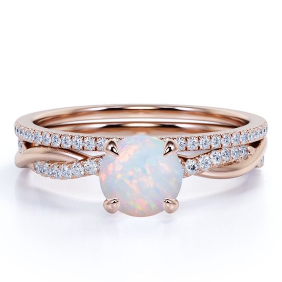 JeenMata Antique 1.75 ct Round Cut Opal and Moissanite Wedding Ring Set in 18K Rose Gold over Silver