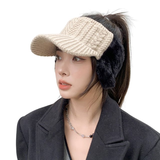 Women Sun Hat Ear Protector Empty Top Twist Pattern Patchwork Sun Protection Autumn Winter Windproof Knitted Baseball Hat Streetwear
