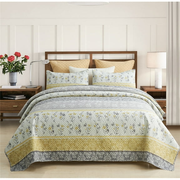 JML Quilt Set 3 Piece, Embossed Bedspread Bedding Set with 2 Shams, King, Grey & Yellow Floral
