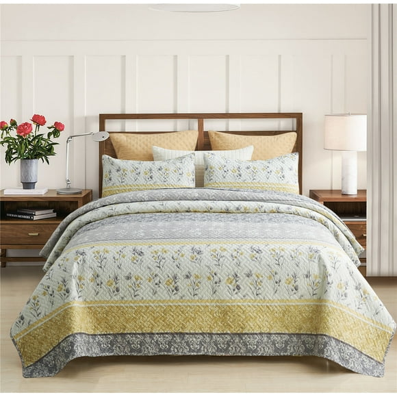 JML Quilt Set 3 Piece, Embossed Bedspread Bedding Set with 2 Shams, Queen, Grey & Yellow Floral
