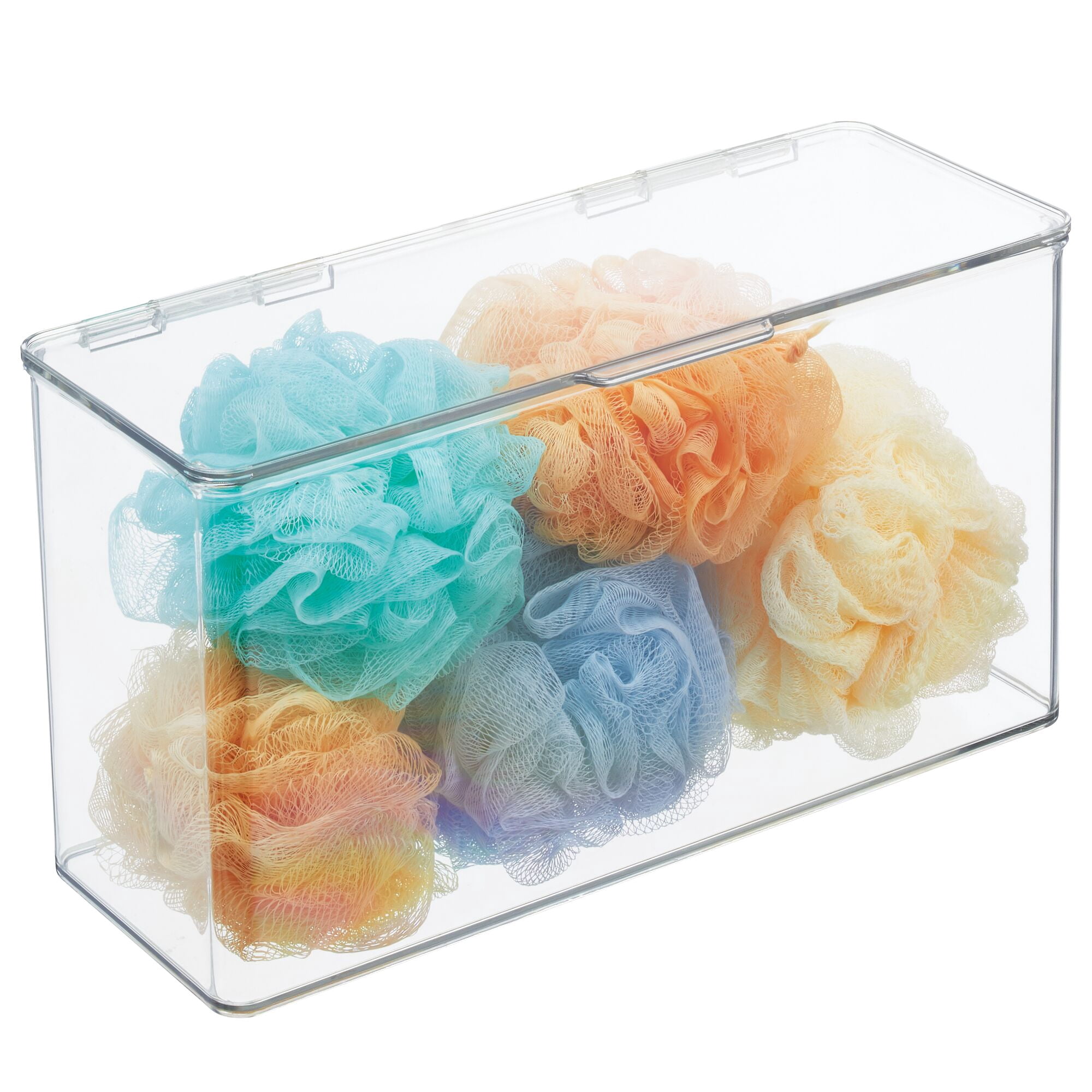 mDesign Plastic Bathroom Storage Organizer Box with Hinged Lid - 8 Pack - Clear