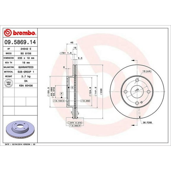 Brembo 09.5869.14 BRAKE ROTORS Fits select: 1990-1993 MAZDA MX-5 MIATA