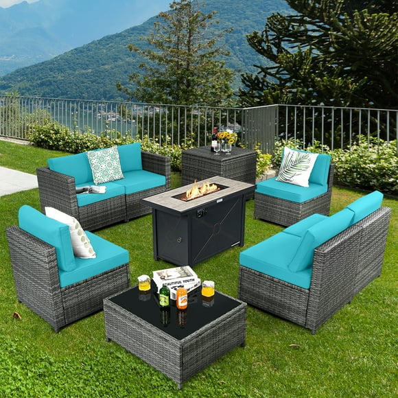 Gymax 9 PCS Patio Rattan Furniture Set Fire Pit Table Storage Black W/ Cover Turquoise