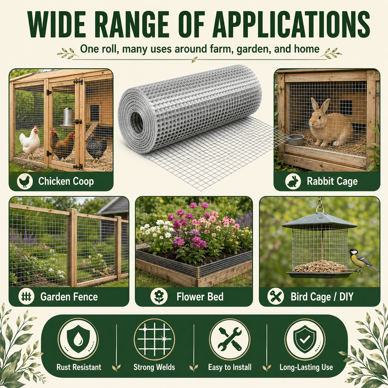 Metal Mesh with 1/2-Inch Welded Chicken Wire 48x100 FT, White Hardware Cloth and Garden Plant Fencing for Chicken Coops Home Renovation, White