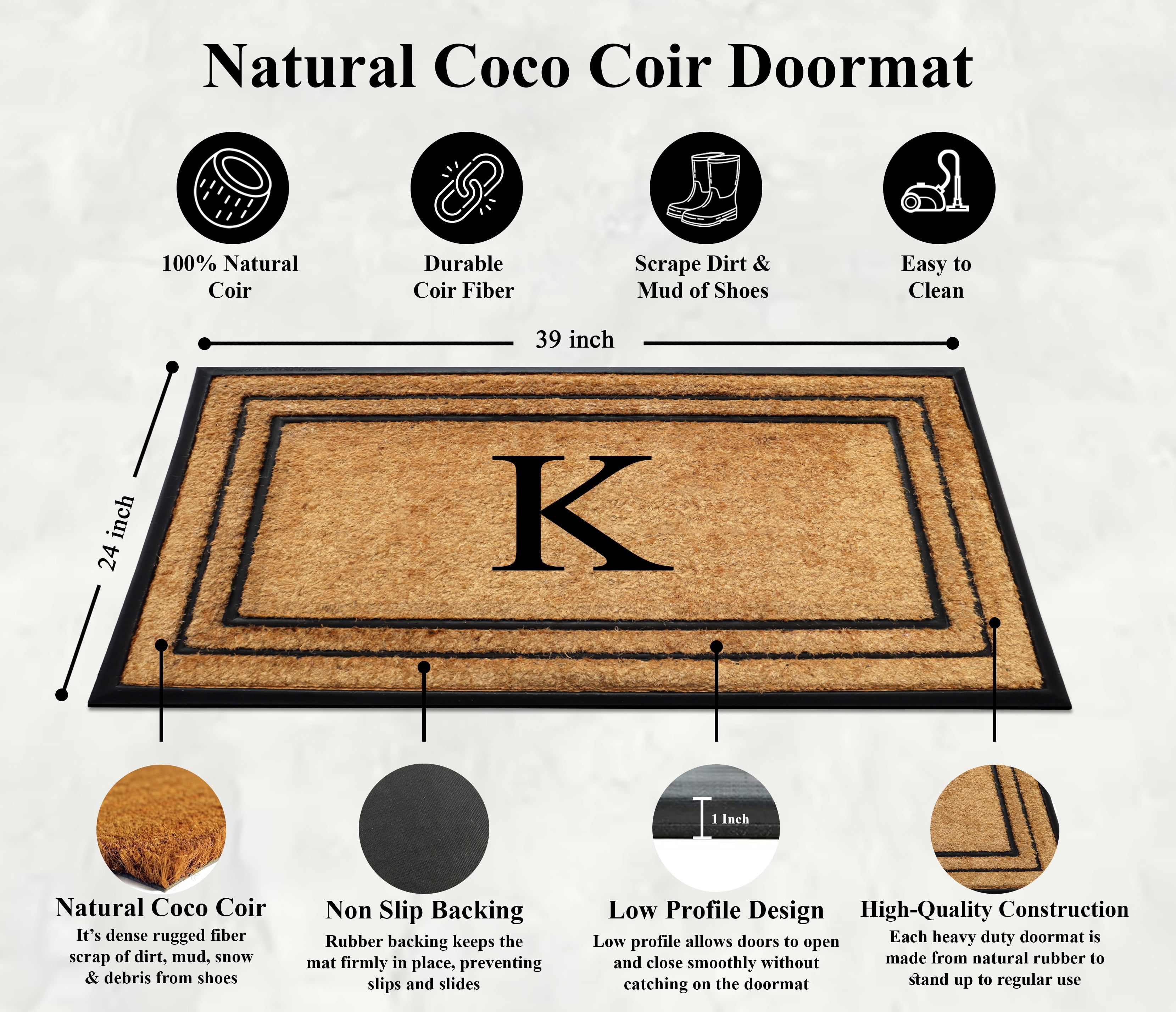 A1 Home Collections Natural Coir & Rubber Door Mat, Long-Lasting Entrance Doormats for Front Door, Thick & Non-Slip Durable Outdoor Entry Mat 24" x 39"