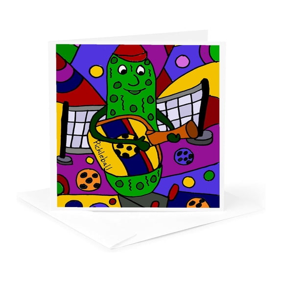 3dRose, Funny Colorful Pickle Playing Guitar with Pickleball Paddle, 1 Greeting Card with envelope