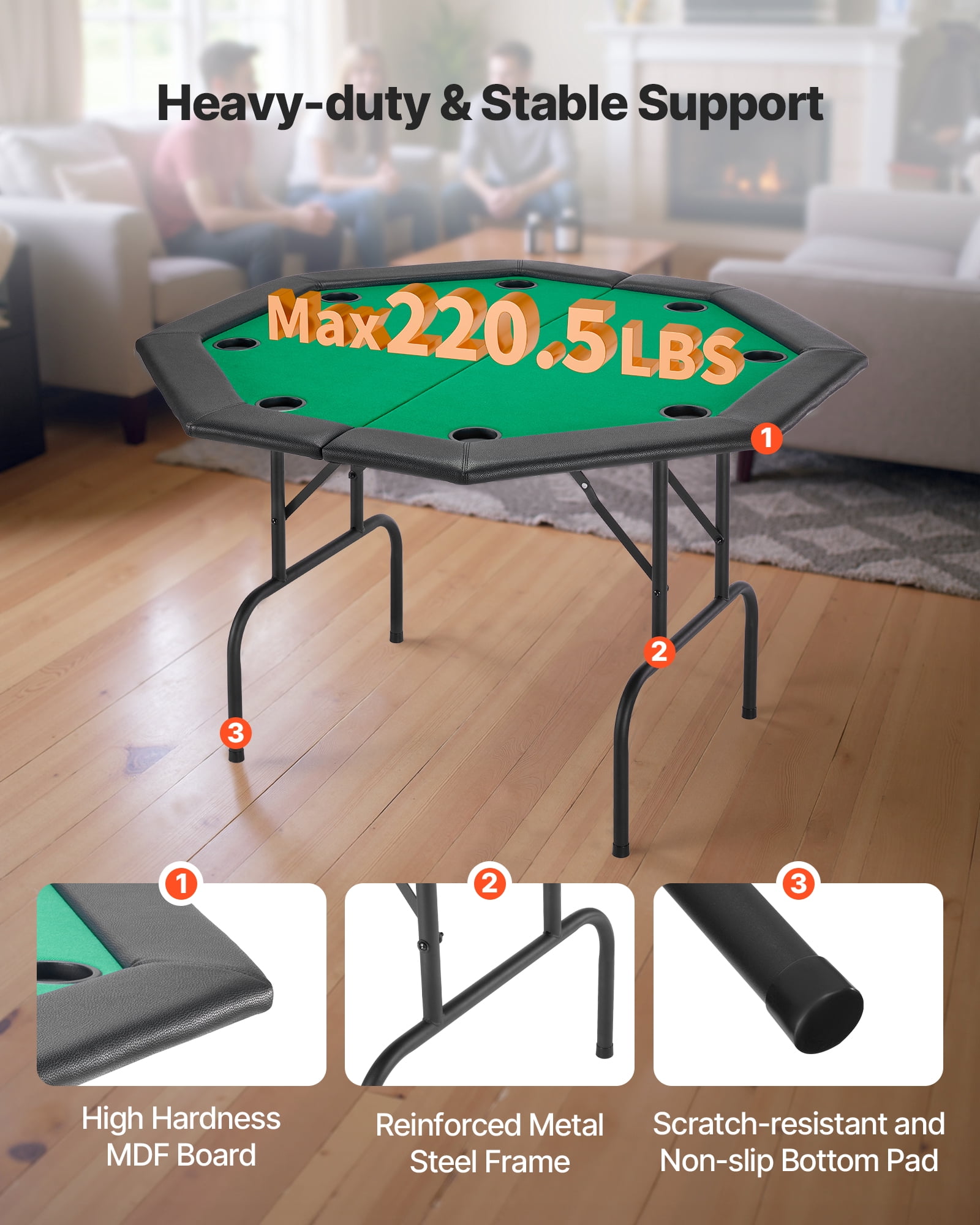 VEVOR Foldable Poker Table, 8 Player 48 in Folding Casino Leisure Table with Padded Rails & Cup Holders, Octagonal Portable Game Tables with Felt & Metal Legs, for Texas Holdeem Game and Blackjack