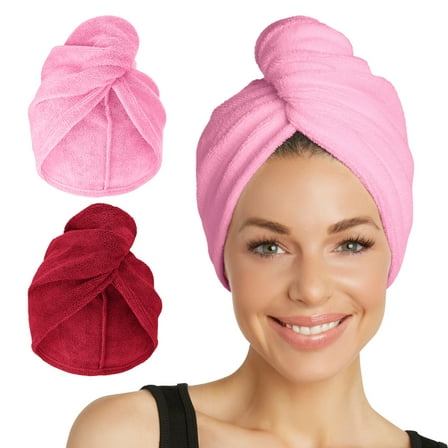 Turbie Twist Microfiber Hair Towel Wrap for Women and Men | 2 Pack | Bathroom Essential Accessories | Quick Dry Hair Turban for Drying Curly, Long & Thick Hair - Deep Claret & Sea Pink