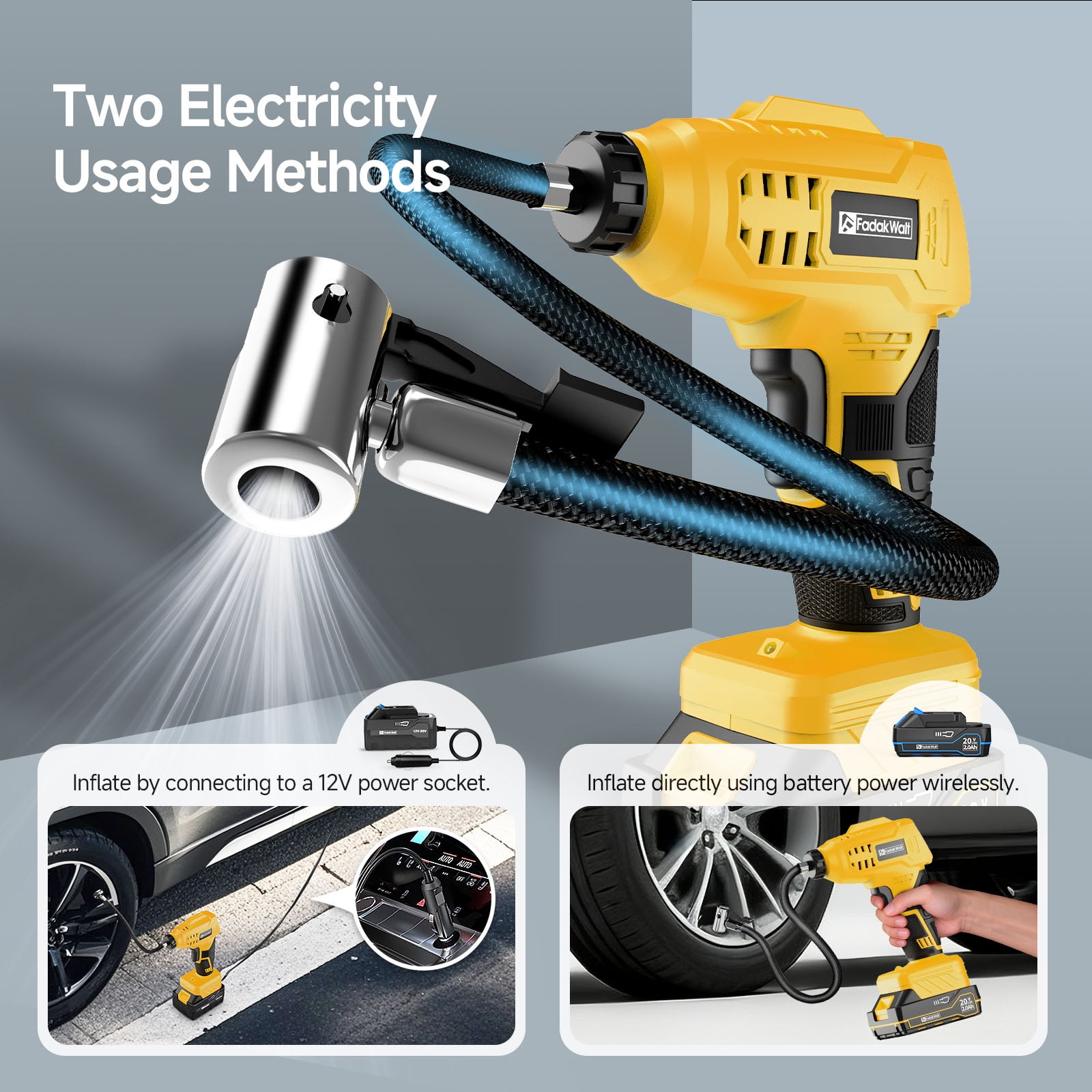 FADAKWALT Tire Inflator Portable Air Compressor, 20V Cordless Car Tire Pump, 160PSI Handheld Electric Air Pump with Rechargeable Battery, Auto Shutoff & Digital Gauge for Cars & Motorcycles(Yellow）