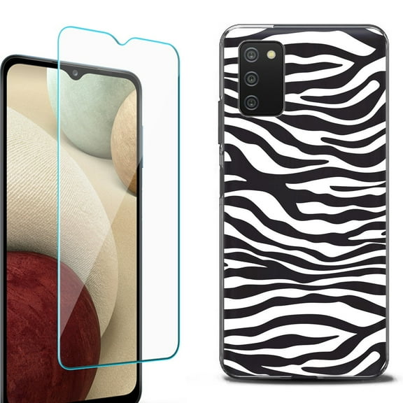 Slim-Fit Protective Fashion Phone Case (Black) for Samsung Galaxy A03s, with Tempered Glass Screen Protector, by OneToughShield ® - Zebra B/W
