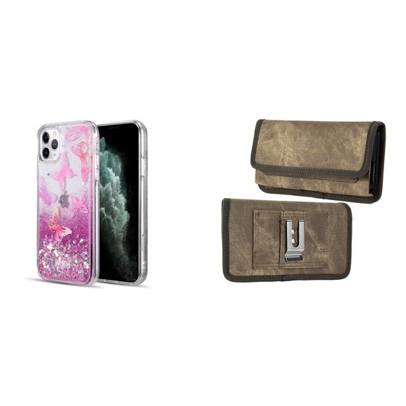 Liquid Glitter Case for iPhone 14 Pro and Belt Holster Pouch (Pink Butterfly/Brown)