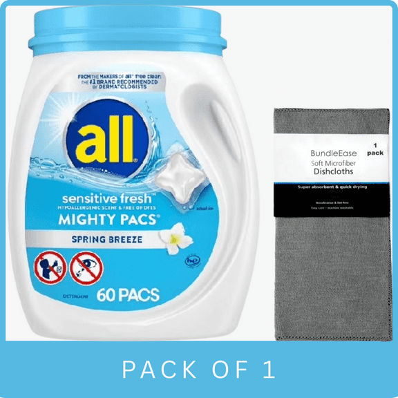 all Mighty Pacs Sensitive Fresh Unit Dose Laundry Detergent, 60 Count with Microfiber Solid Color Towel by BundleEase