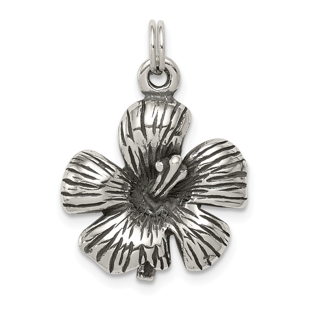Solid 925 Sterling Silver Antique-Style Hibiscus Flower Pendant Charm 17mm x 23mm 