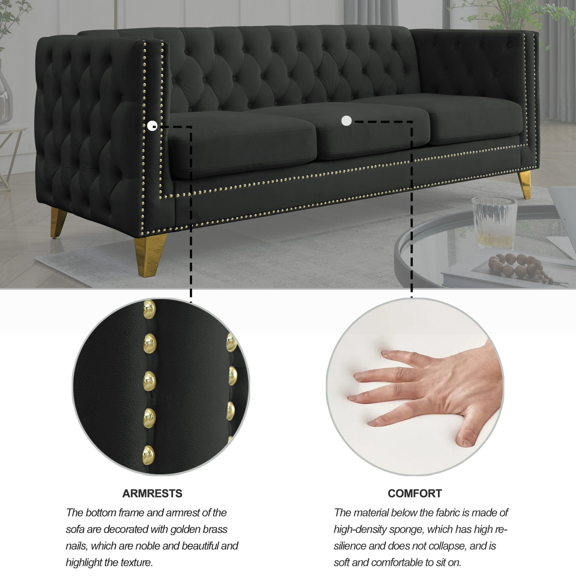 Sailvan 67" Modern Velvet Sofa, Button Tufted Chesterfield 3-Seater Couch with Nailhead Trim and Metal Legs for Living Room Black