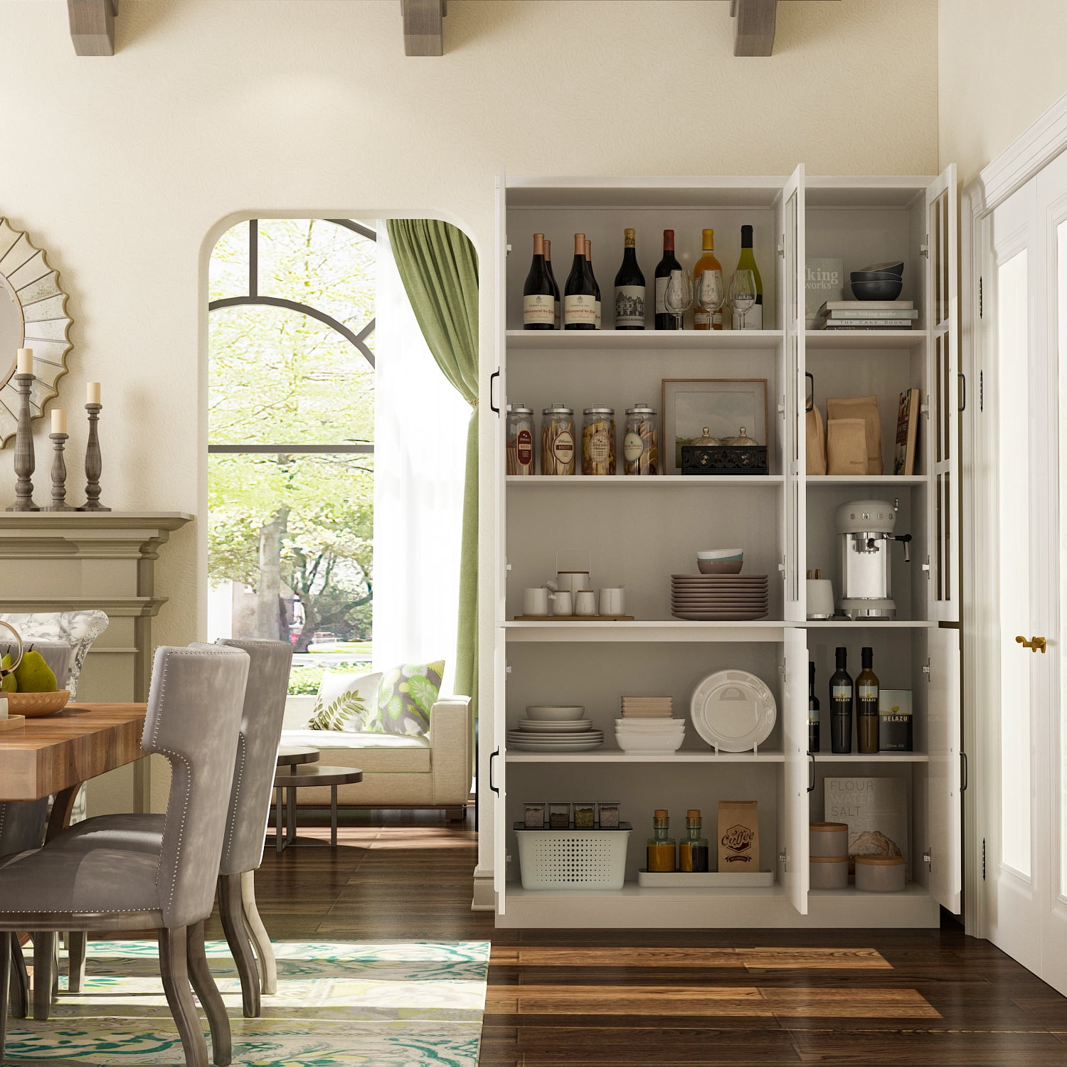KULAGAGA 6-Door White Bookcase Display Cabinet, 78.7" Tall Freestanding Pantry with Glass Doors
