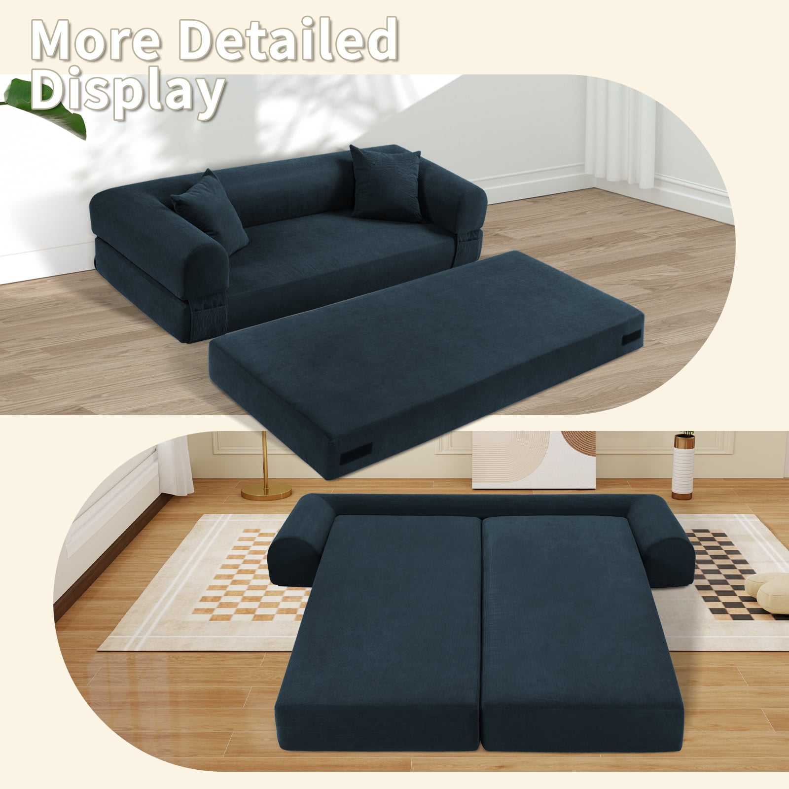 3 in 1 Convertible Sofa Bed, 80" Corduroy Folding Pull Out Couch with 2 Pillows, Floor Sofa with Side Storage for Living Room, No Assembly Modern Boneless Couch Compression Sofa, 35.4"W