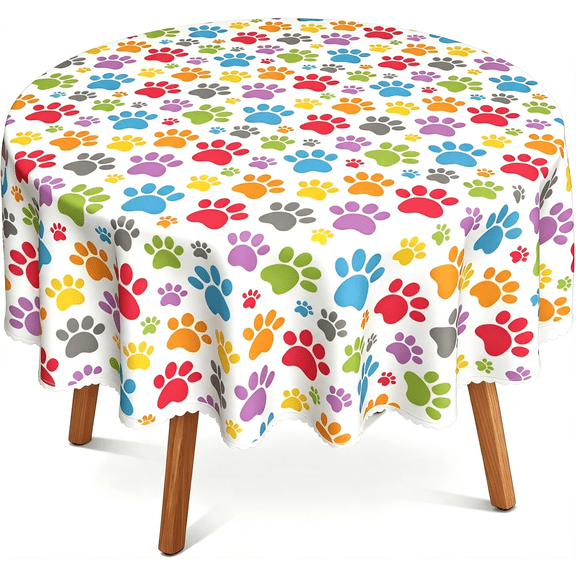 Odenmar 60 inch Round Tablecloth, Featuring Colorful Paw Print Pattern, Made from Polyester Fabric for Dining Kitchen Party Home Decor