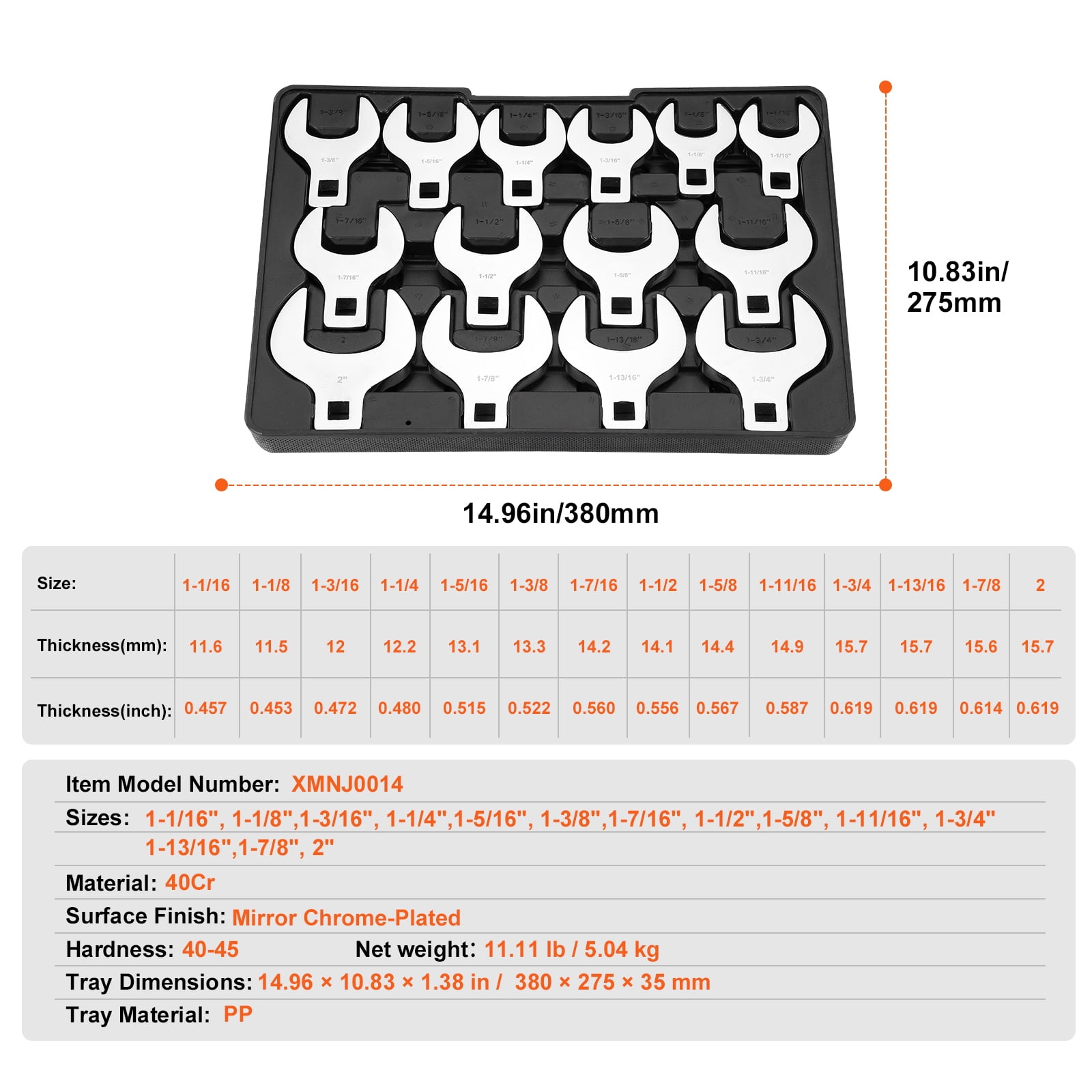 KFFKFF 14-Piece Premium 1/2" Drive Jumbo Crowfoot Wrench Set, 40CR Material with Laser Etched Sizing, Includes Standard SAE Sizes from 1-1/16" to 2" with Storage Tray