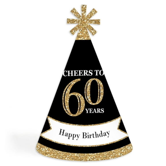 Big Dot of Happiness Adult 60th Birthday - Gold - Cone Birthday Party Hats for Adults - Set of 8 (Standard Size)