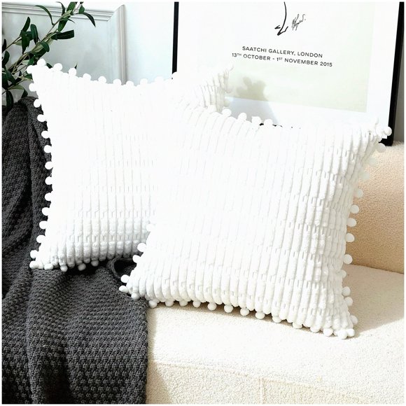 Soft Striped Boho Pom Pom Throw Pillow Covers - Set of 2 - 18x18 Inch - White Decorative Cushion Covers for Couch, Sofa, Bed - Living Room Décor