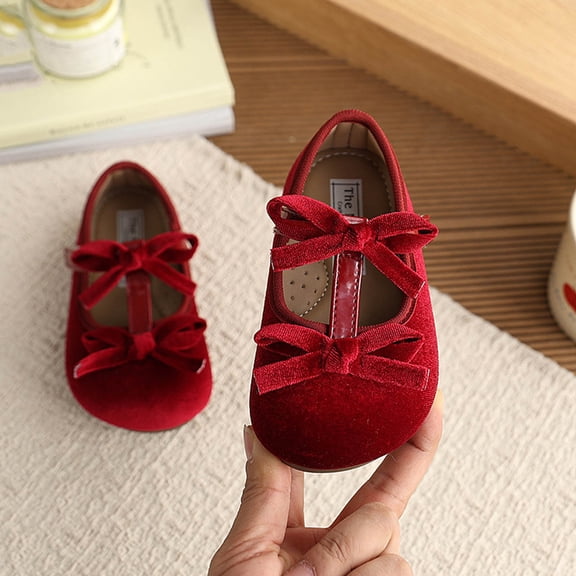 absuyy Girls Red Mary Jane Shoes with Bow | Adjustable Strap Velvet Flats for Party, School & Everyday | Non-Slip Sole (Kids & Little Kid, US 5-10),Size 13.5