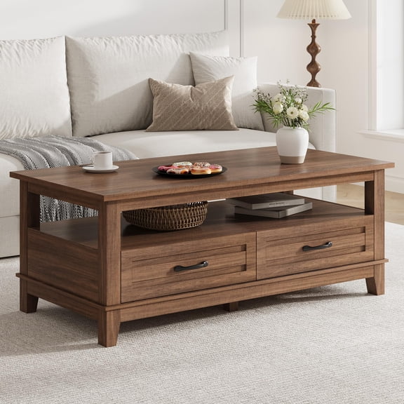 Juiluna Farmhouse Coffee Table with Drawers, 47.2 in Center Table Rustic Coffee Tables Walnut Center Table with Open Shelf, 6 Support Legs