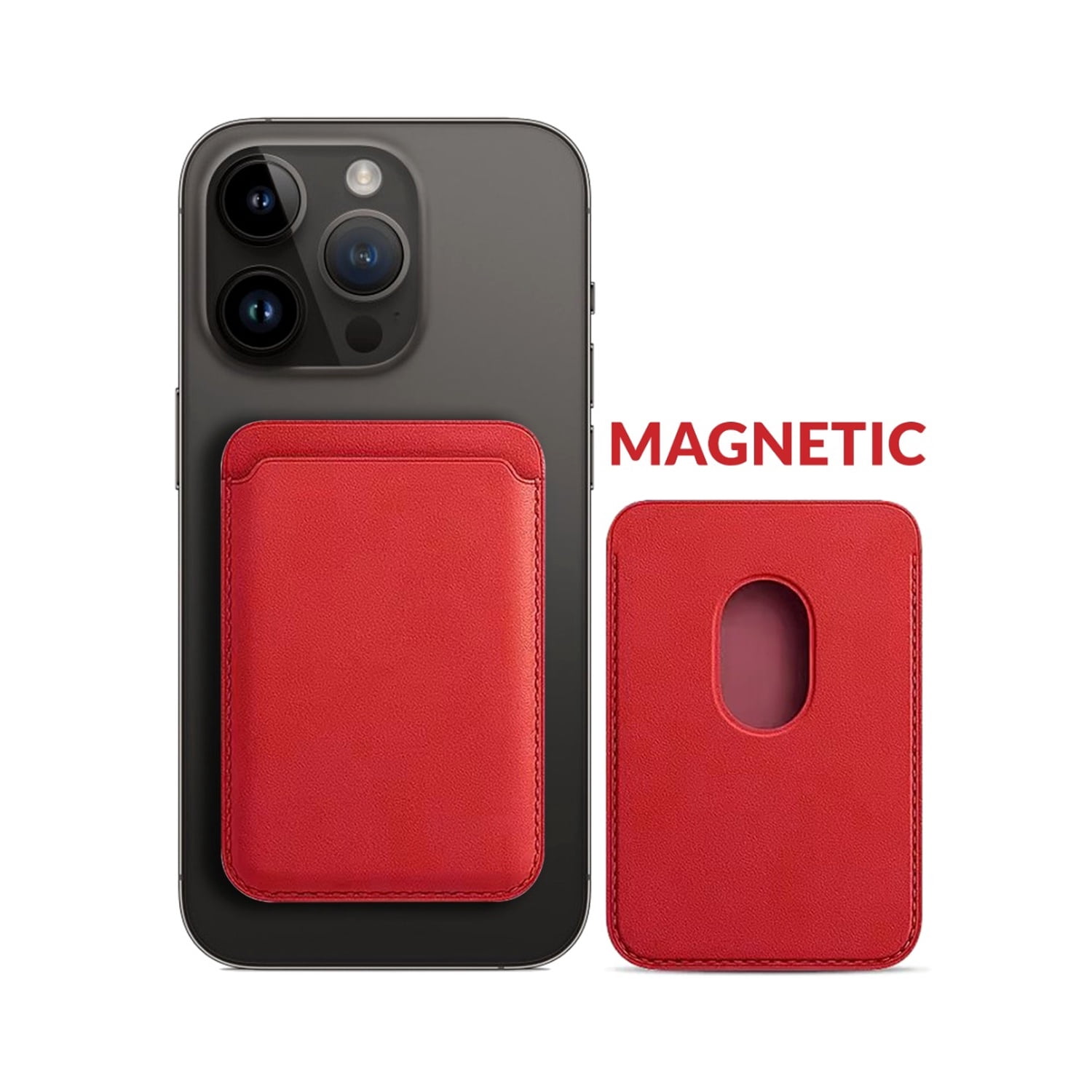 Magnetic Leather Card Pocket Holder - Red