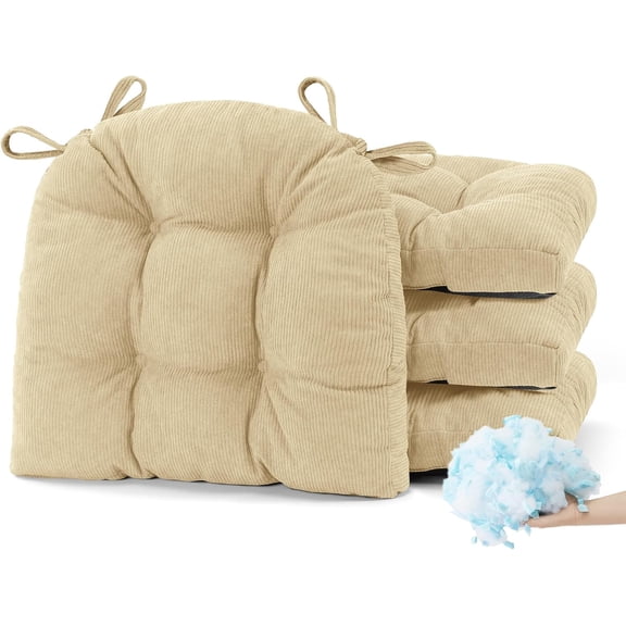 Kitchen Chair Cushions for Dining Room Chairs Seat Pads Set of 4 with Ties 18 x 18 inch Extra Large Wide Indoor Non Slip Memory Foam Cushions 3" Thick Modern Tufted Beige