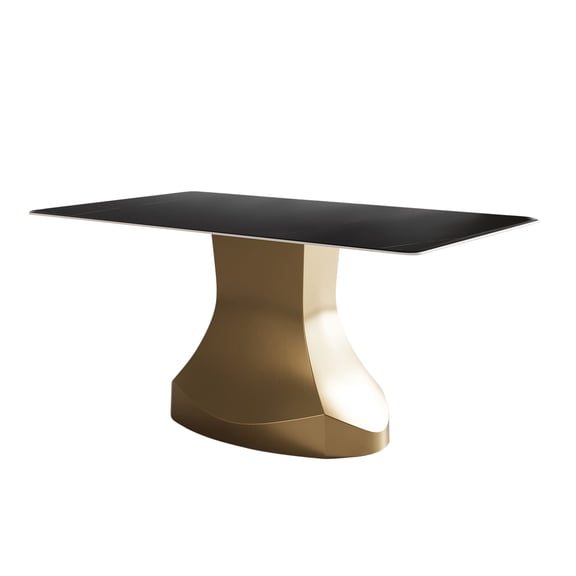 55 Inch Black Minimalist Rectangular Dining Table with Copper Gold Pedestal for Kitchen Dining Room