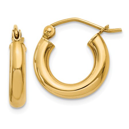 14k Yellow Gold Polished 3mm Round Hoop Earrings (14mm Diameter)