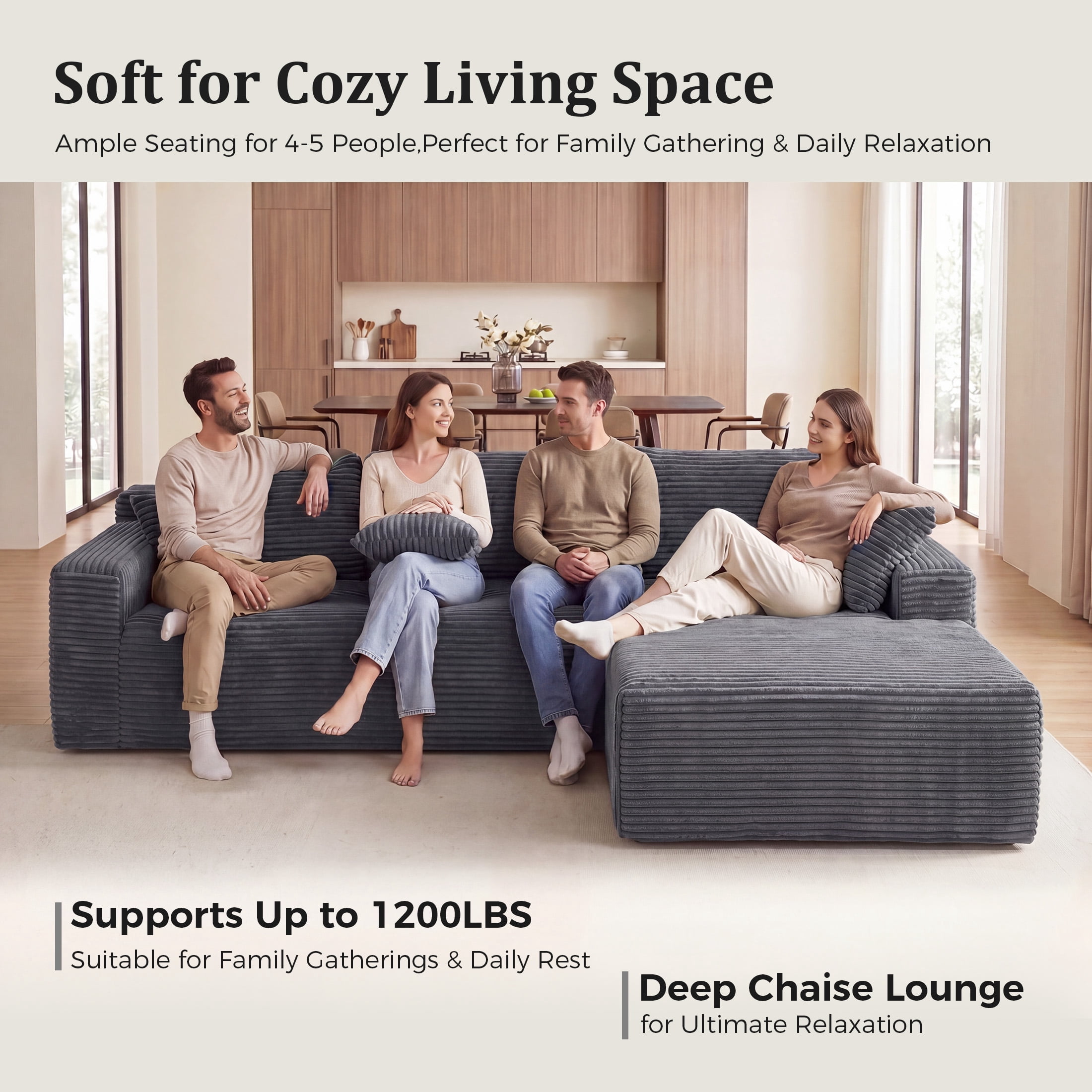 Aenkyo 95 Inch Corduroy L-Shaped Modular Sectional Sofa, Right Chaise, Gray