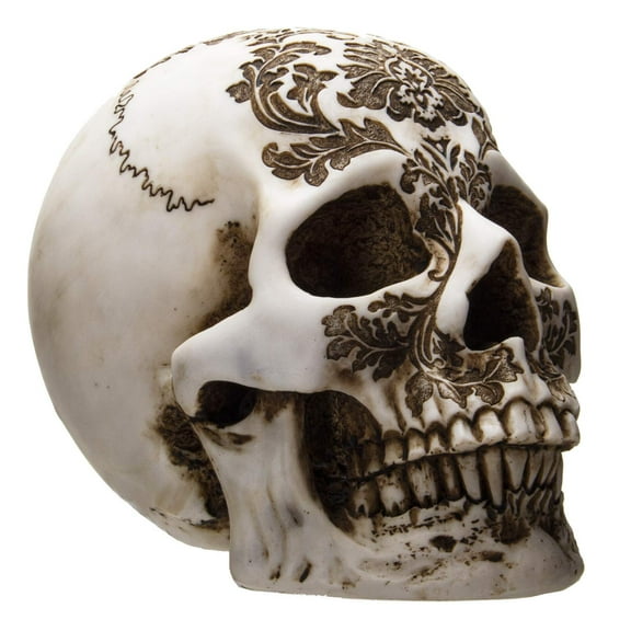 Summit Collection Sculpted Damask Pattern Skull Figurine Floral Motif Edged Sculpture Collectible 8 Inch L