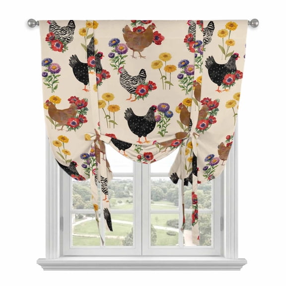 Farmhouse Rooster Balloon Curtains 63 Inch Length for Living Room/Bedroom, Vintage Watercolor Flowers Beige Rod Pocket Privacy Door Curtains Decorative Tie Up Shade for Window 52"x63"