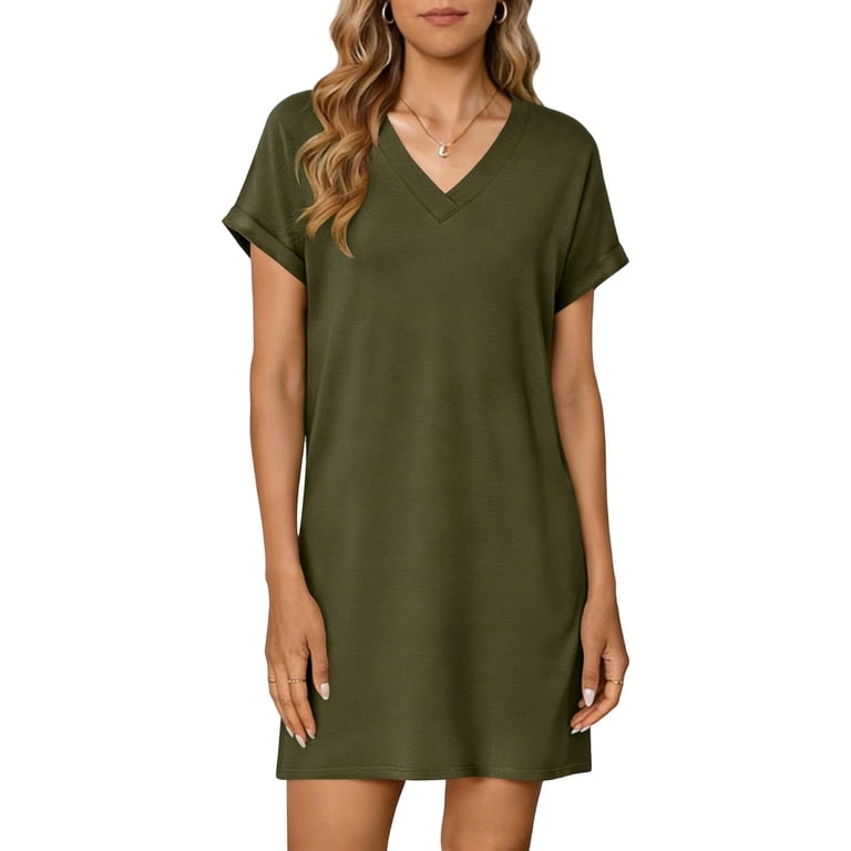 Sevevn Womens Summer Casual V Neck Short Sleeve T Shirt Dress Loose Fit Knee Length Solid Color Shift Dress for Daily Wear Work Vacation Army Green S,