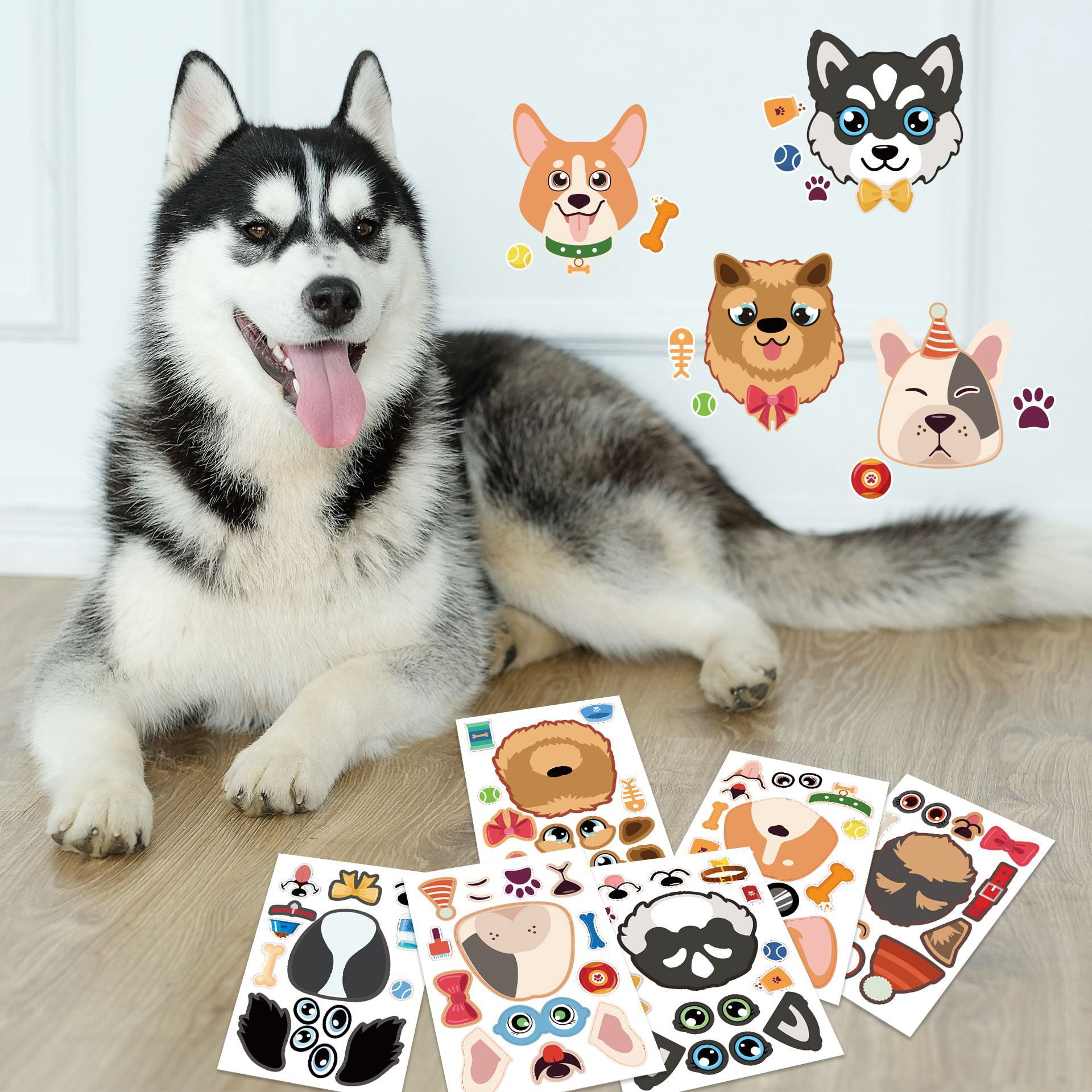 24-Pack Cartoon Dog Head Puzzle Stickers - DIY Adhesive Stickers for Kids and Creative Projects