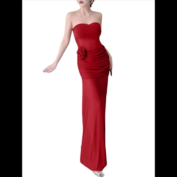 Falda de Sin Tirantes para Mujer, Corte Entallado, con Estampado Floral Tridimensional, Ideal para Vacaciones en la Playa Rojo M