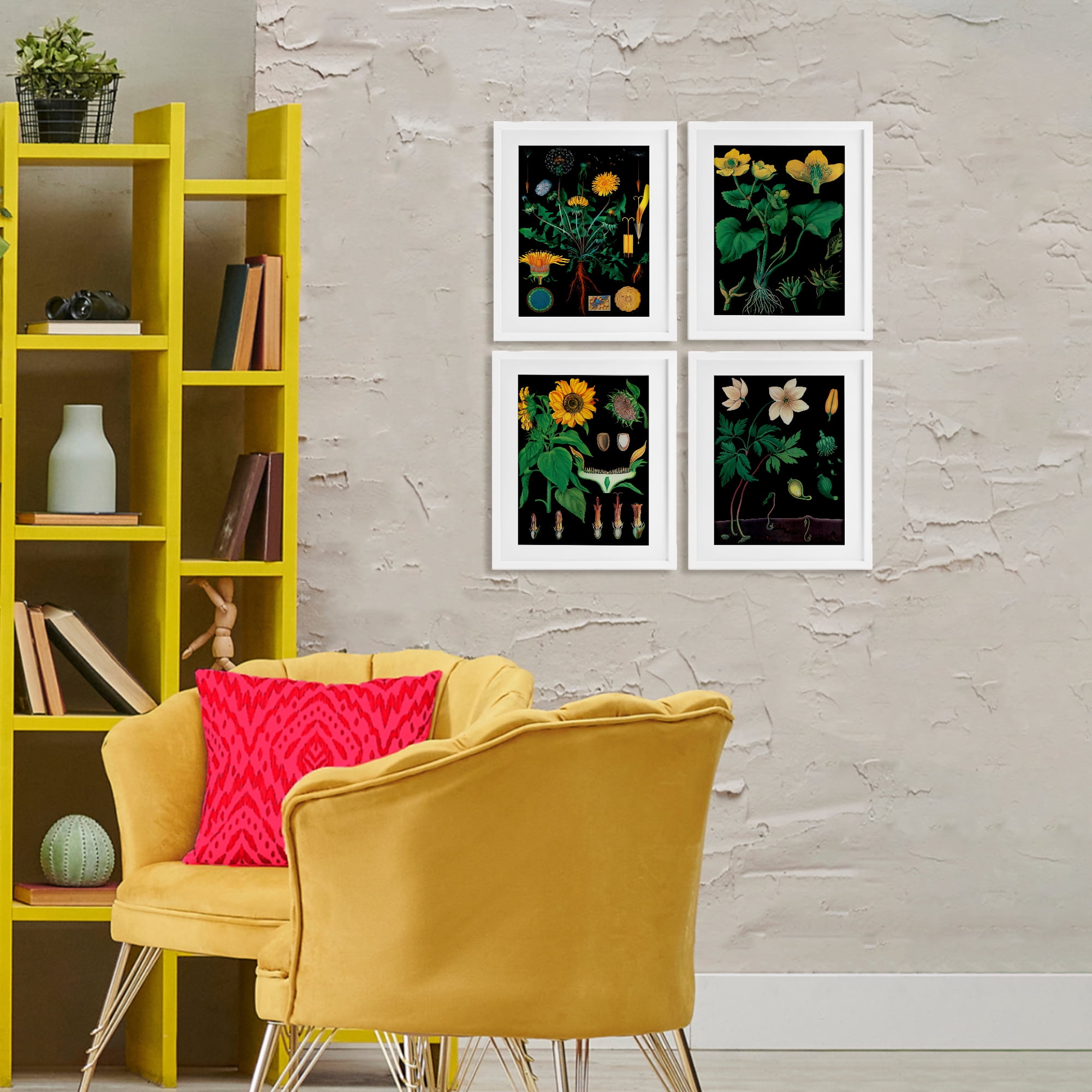 Stupell Industries Botanical Illustrations on Black 4 Piece White Framed Print Under Glass Set, design by Vintage Hustle