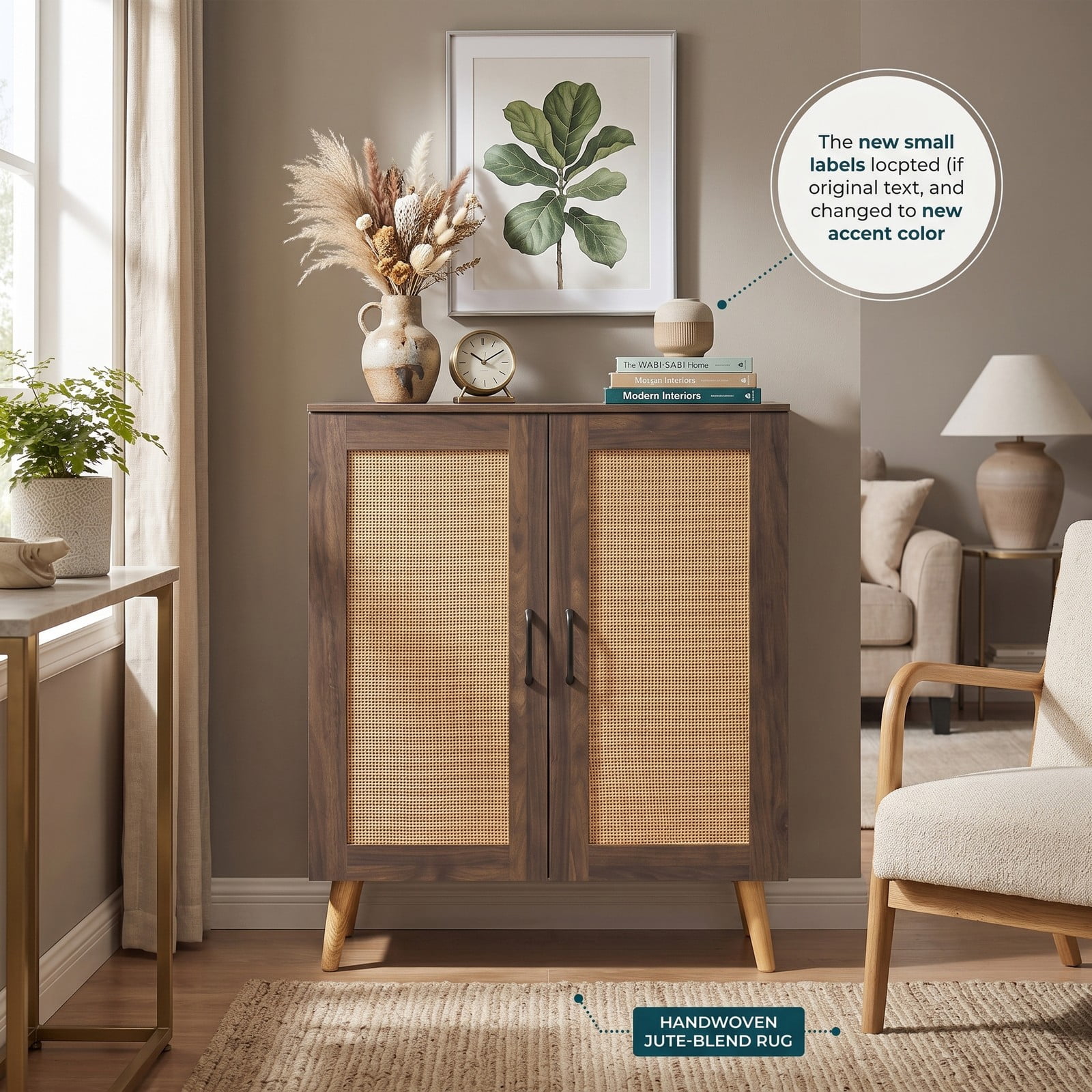 Furnibear 5-Tier Rattan Shoe Cabinet with 3 Removable Shelves and Woven Doors for Entryway and Hallway Shoe Storage, Walnut