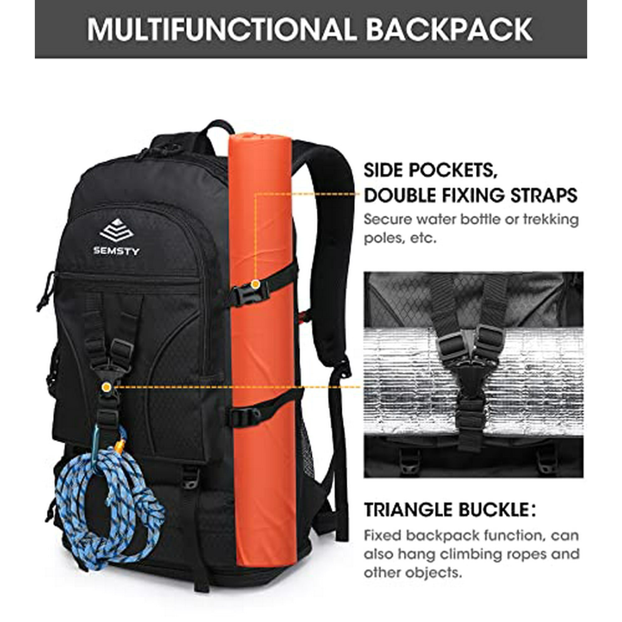 SEMSTY Hiking Backpack 40 5L Expandable hiking backpack with Large Capacity for Hiking Traveling Camping Travel Backpack for Man Women Black Walmart