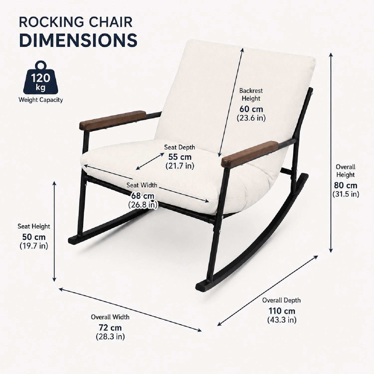 Papasan Rocking Chair with Thickened Cushion and Matching Ottoman, Solid Wood Armrests and Rockers, Comfy Reading Lounge for Nursery, Living Room, Bedroom, Porch and Balcony