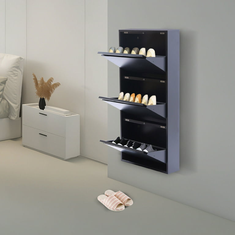 Wall Mounted Modern Shoe Rack-No-Assembly 3 Drawer Shoe Storage Metal  Cabinet